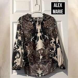 NEW-Alex Marie Harley Printed Satin Long Sleeve V-Neck Blouse-Size:Medium